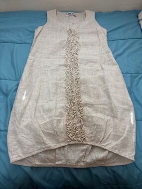 Raphael Beige CreamTan Linen Dress Side pockets size Small